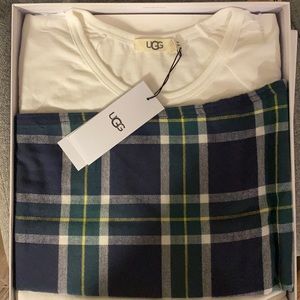 Ugg’s men pajamas set.  Plaid green pants and white long sleeve shirt.